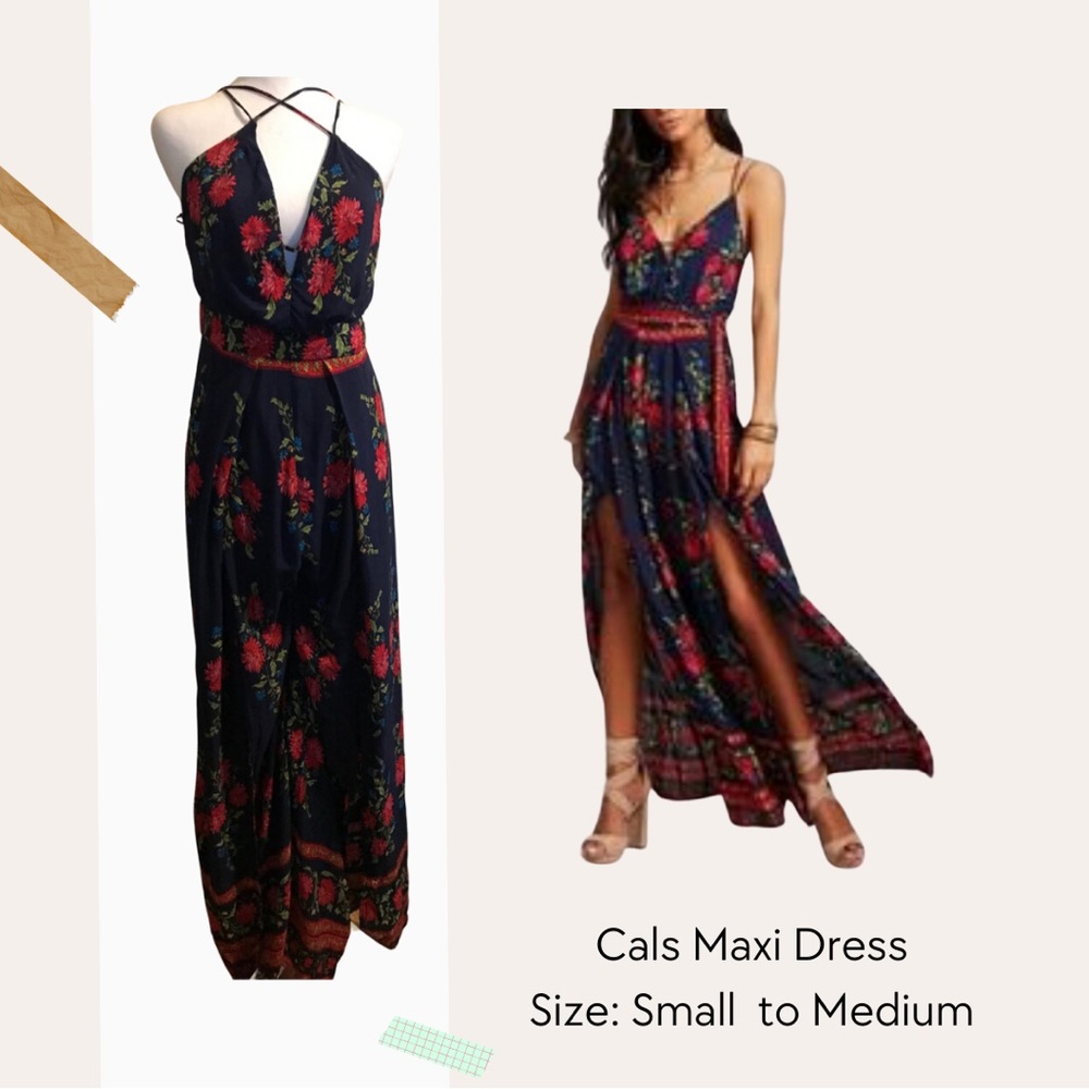 Cals navy floral maxi dress with tie waist